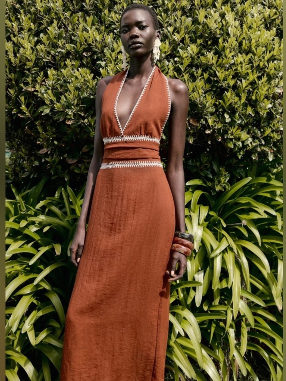 Zara Terracotta Embroidered Open Back Halter Midi Dress Medium